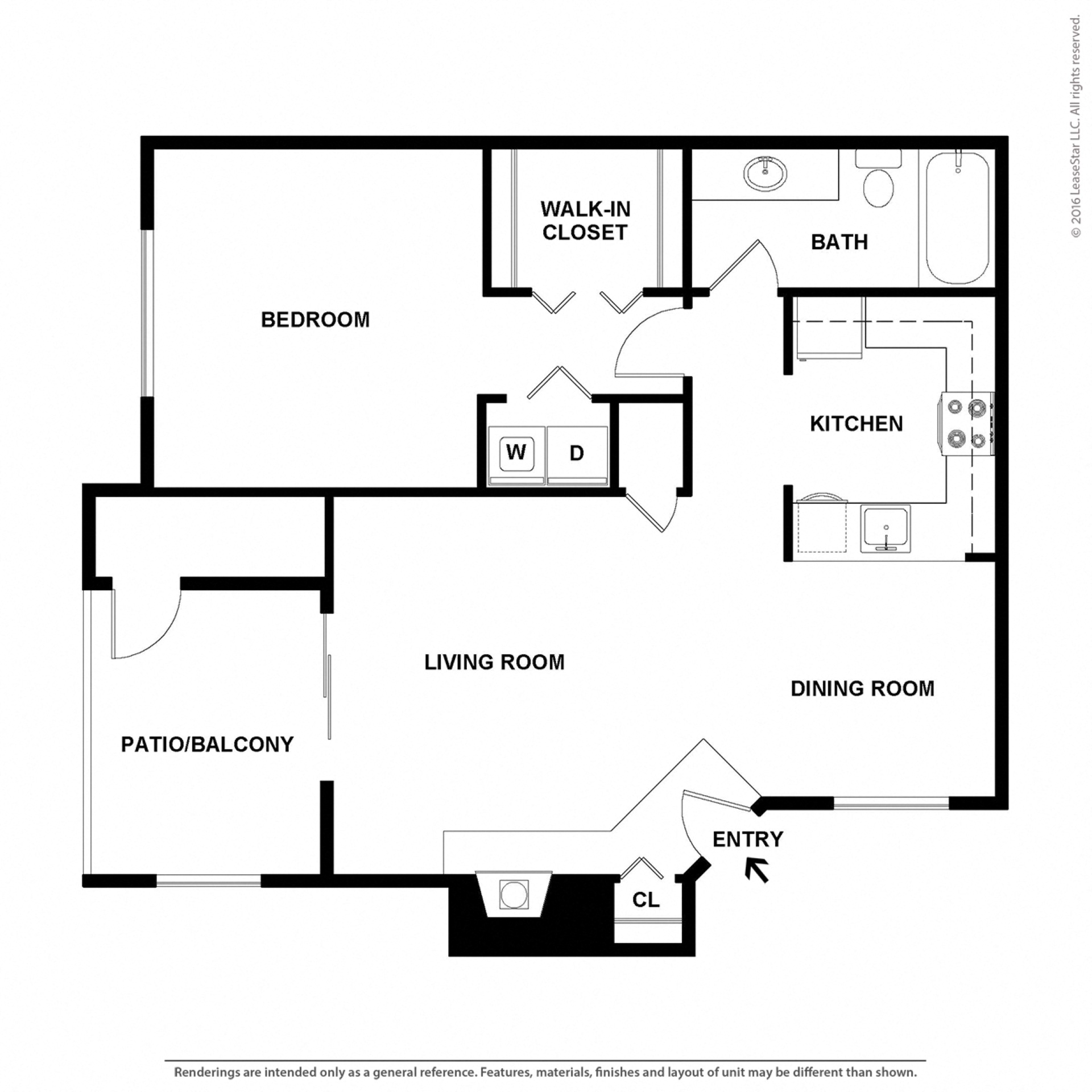 Floor plan for 1 bed, 1 bath, 722 sqft